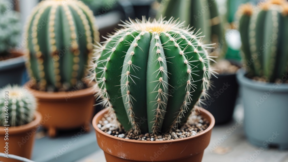 Poster cactus plant with distinct ribbed texture and sharp spines in a terracotta pot with pebbles in a lan