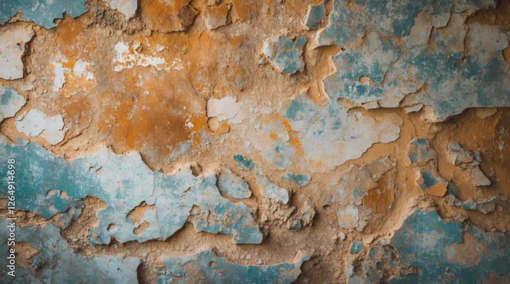 Poster textured rustic wall with peeling paint in shades of blue and orange showing natural decay and weath