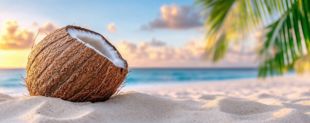 Coconut resting on tropical beach sand at sunset with palm tree
