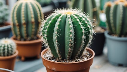 Cactus plant with distinct ribbed texture and sharp spines in a terracotta pot with pebbles in a landscaped garden setting Copy Space