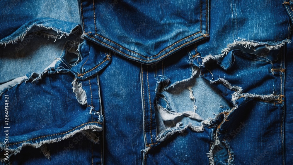 Aufkleber torn and distressed denim fabric texture background with visible rips and frayed edges suitable for 