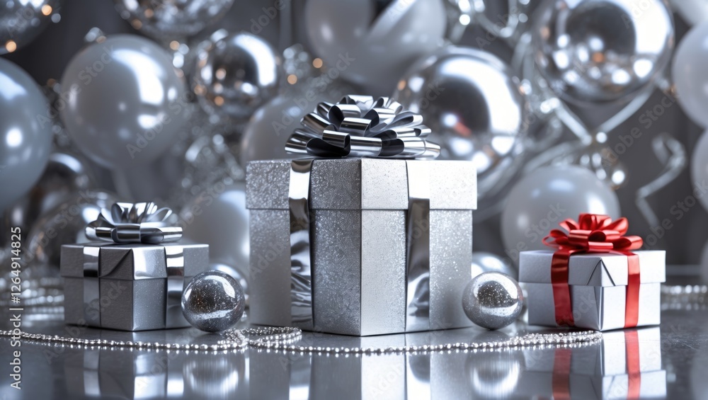Poster silver and red gift boxes with bows surrounded by shiny silver and white decorations with copy space