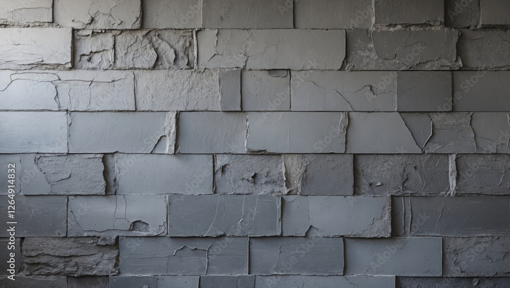 Poster gray textured wall with uneven stone blocks and visible cracks in various shades of gray suitable fo