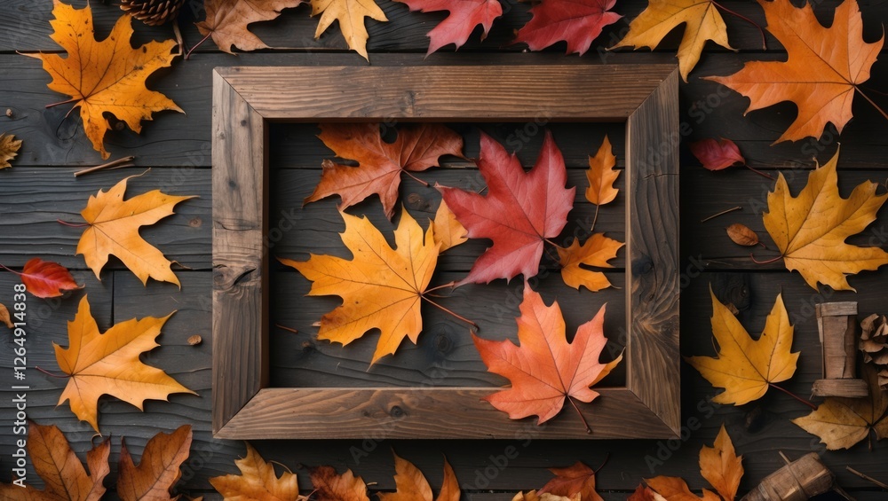 Poster autumn leaves in various colors scattered around a wooden photo frame on dark wood background with c