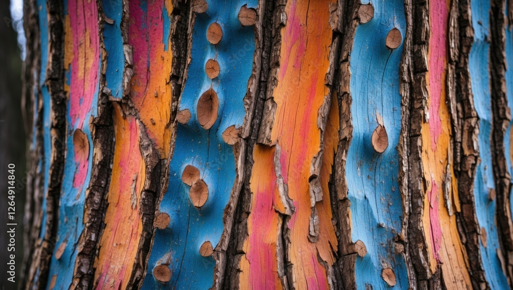Poster Colorful bark of a tree with blue, orange, and pink tones showing unique textures and patterns close-up Copy Space