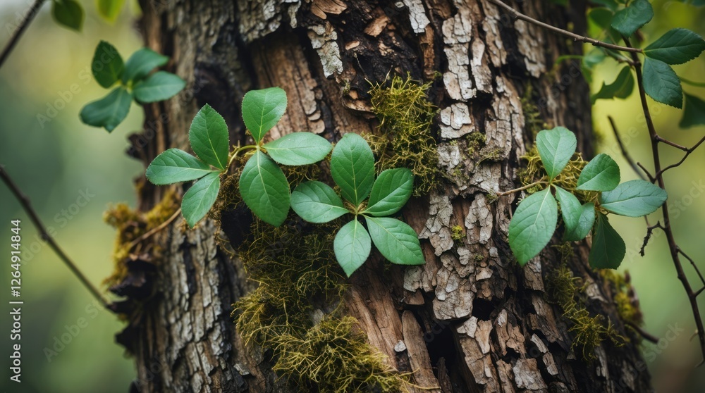 Poster Close-up of green leaves growing on a textured tree bark surrounded by moss in a forest environment with Copy Space