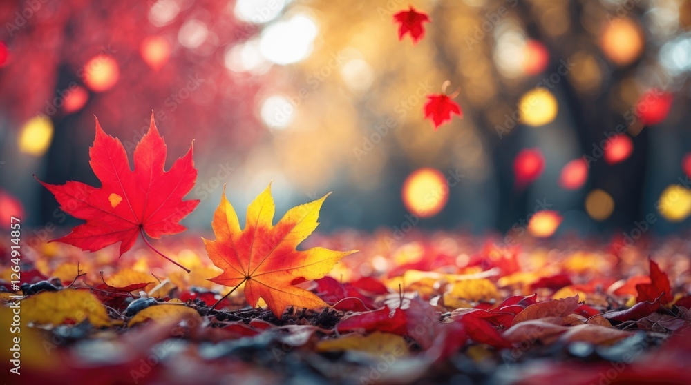 Poster vibrant autumn leaves in red and yellow colors on the ground with blurred background of falling leav