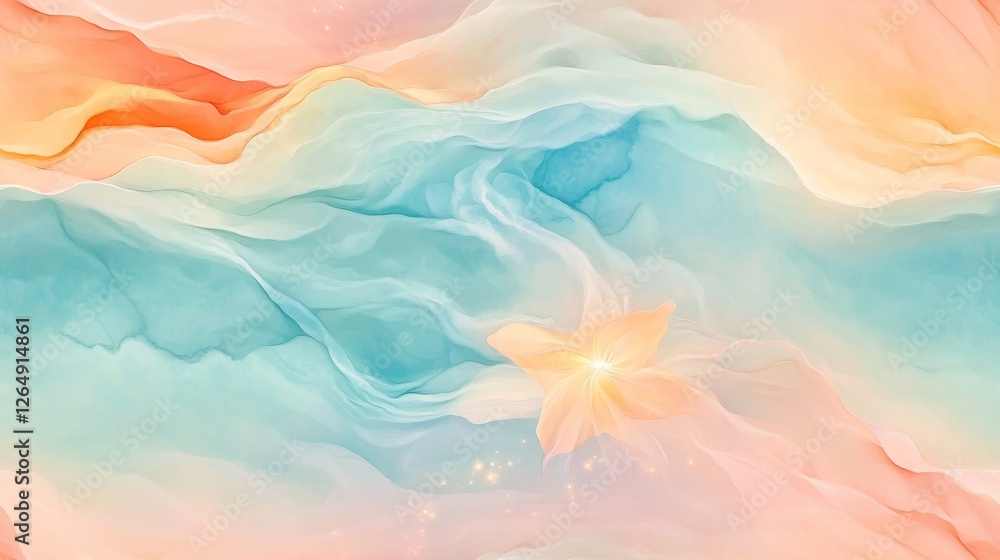 Poster whimsical stars seamless pattern in pastel colors with tiny glowing stars floating over a watercolor