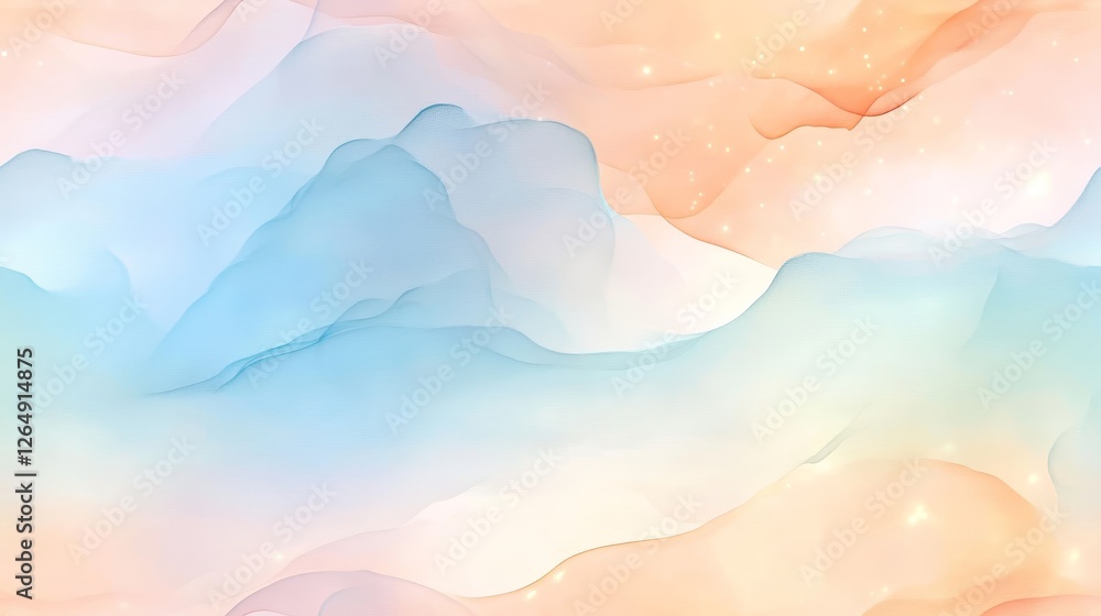Poster whimsical stars seamless pattern in pastel colors with tiny glowing stars floating over a watercolor