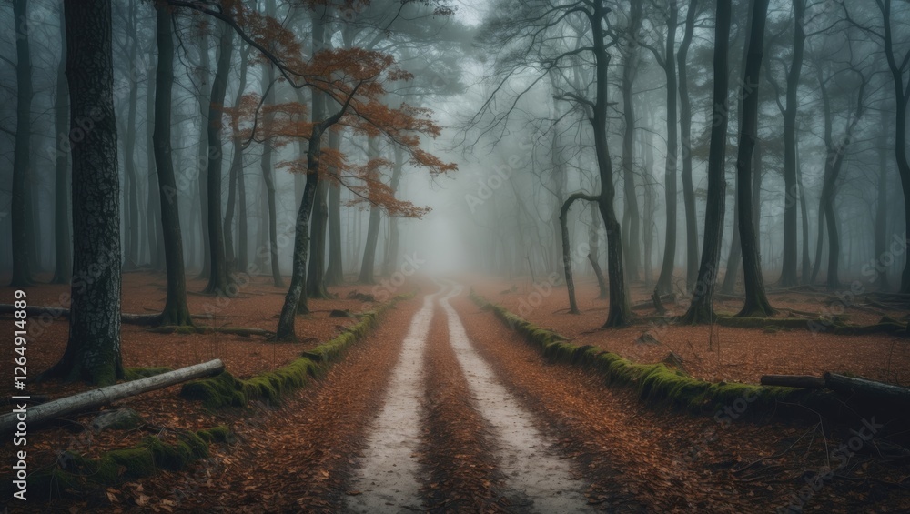 Poster misty forest path with autumn foliage and trees in dense fog offering tranquil scenery and depth wit