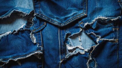 Naklejka premium Torn and distressed denim fabric texture background with visible rips and frayed edges suitable for fashion design and textile applications