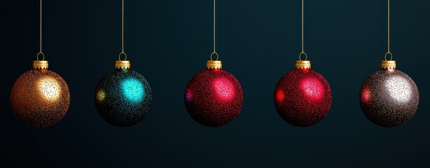 Fototapeta premium Colorful Christmas Ornaments Hanging on Strings with Sparkling Glitter Effect on Dark Background