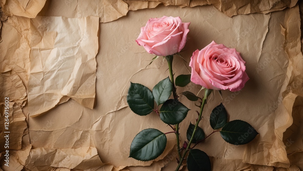 Aufkleber Pink roses on crumpled paper background with natural light and shadows creating texture and depth. Copy Space available.