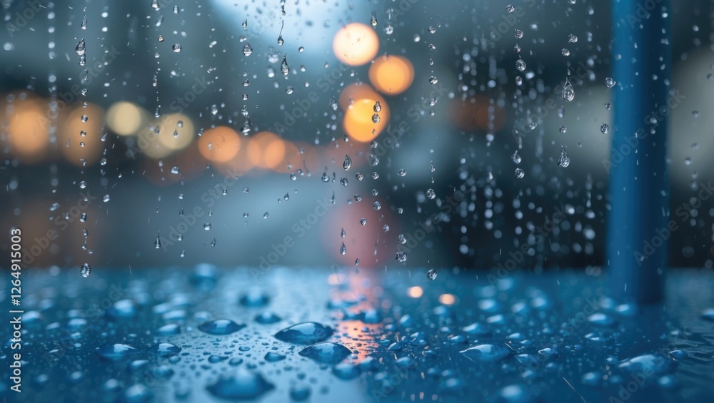 Poster rain droplets on a blue surface with blurred city lights in the background and copy space for text i