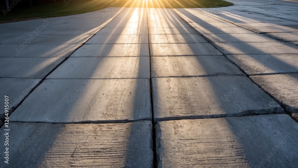 Aufkleber Concrete pavement with shadows cast by sunlight during golden hour creating diagonal lines and textures on the surface Copy Space