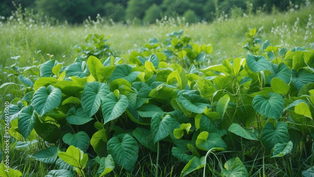 Aufkleber Green lush leaves in a natural field setting with soft focus on background foliage and ample Copy Space for text placement.