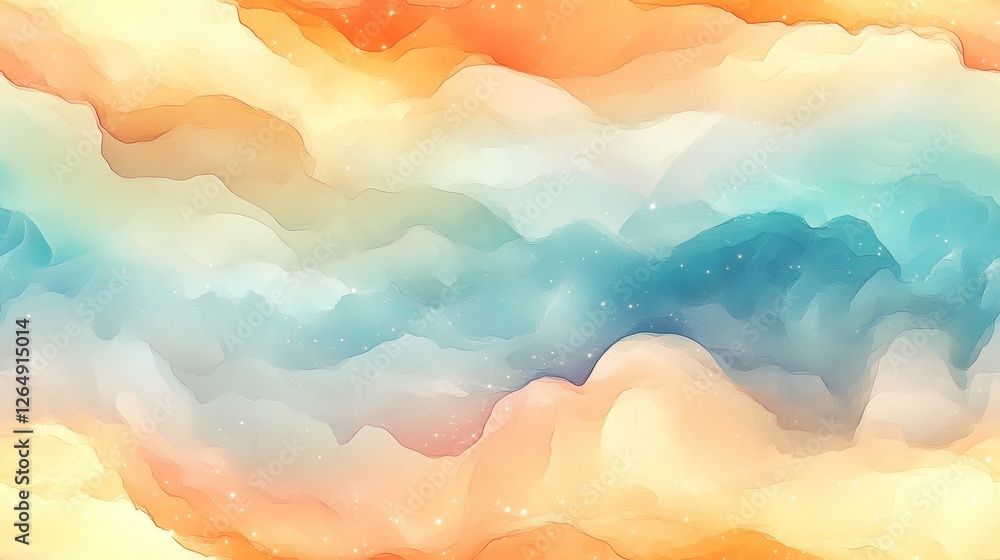 Poster whimsical stars seamless pattern in pastel colors with tiny glowing stars floating over a watercolor