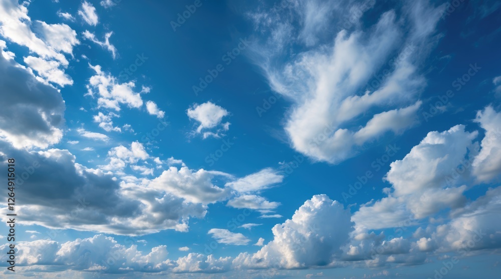 Poster blue sky with fluffy white clouds on a sunny day background with copy space for text