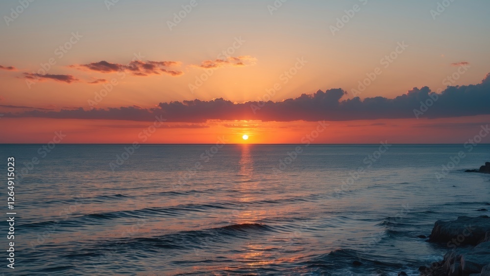 Poster sunset over calm ocean waters with reflections on the surface and colorful sky, ideal for serene lan