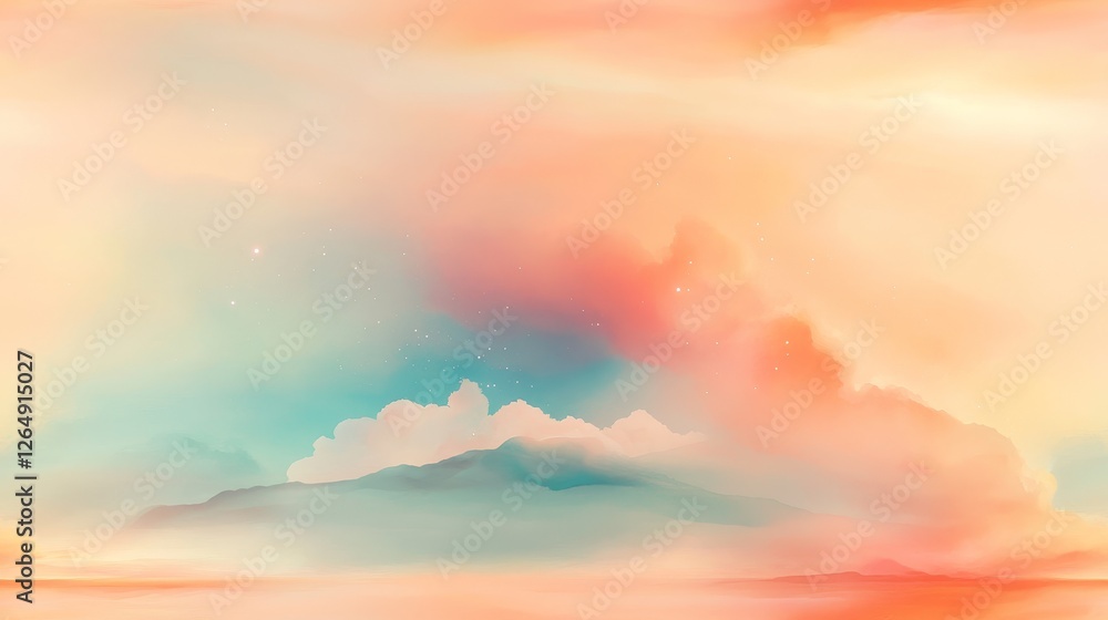 Poster whimsical stars seamless pattern in pastel colors with tiny glowing stars floating over a watercolor