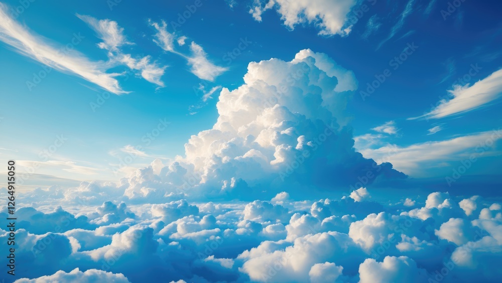 Poster fluffy white cumulus clouds against a bright blue sky with wispy cirrus clouds and a sense of depth 