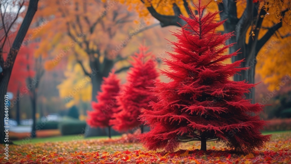 Poster Vibrant red coniferous trees surrounded by colorful autumn foliage in a park setting with fallen leaves on the ground Copy Space