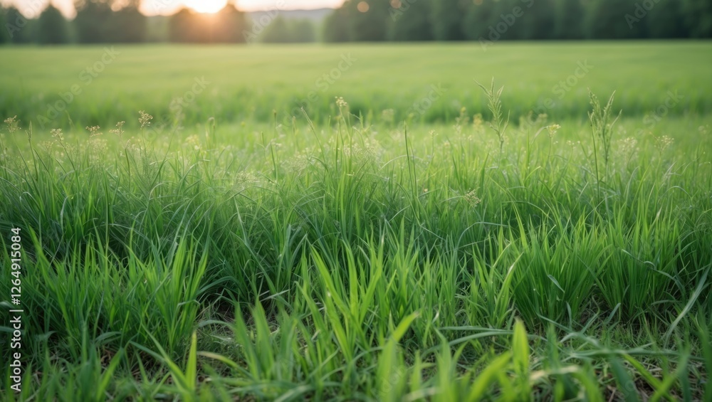 Poster green field of fresh grass with sunlight shining through trees in the background nature landscape co
