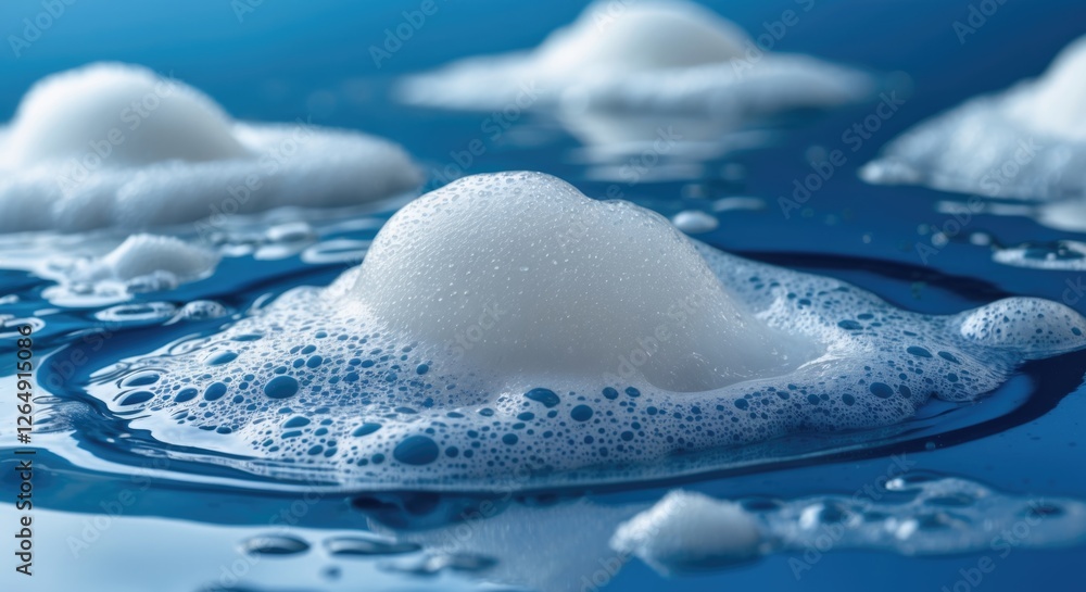 Poster close-up of bubbles on water surface with soft focus and tranquil blue background featuring foam clu