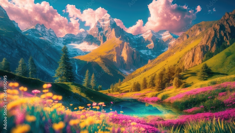 Aufkleber scenic view of colorful flowers and mountains under a vibrant sky with clouds reflecting sunlight an