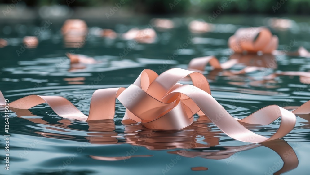 Aufkleber Ribbons floating on water surface with gentle ripples creating a serene atmosphere Copy Space
