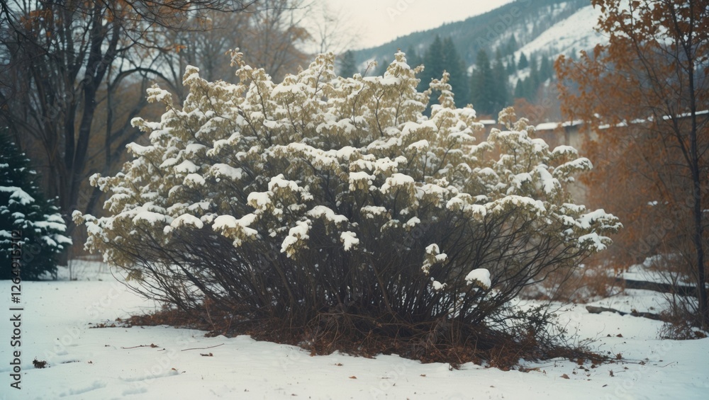Poster Snow-covered shrub in winter landscape with mountains and trees in the background featuring natural textures and soft lighting Copy Space