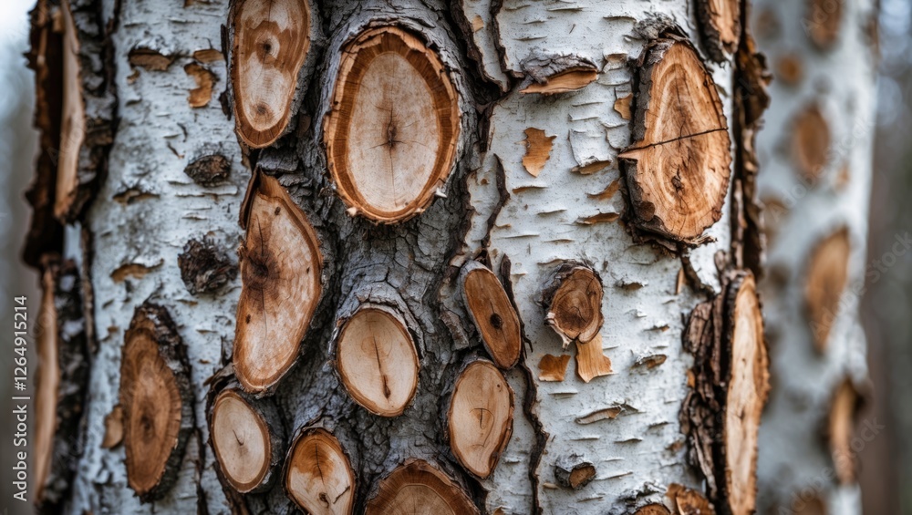 Aufkleber Close-up view of birch tree bark with circular patterns and texture details showcasing wood rings and natural imperfections Copy Space