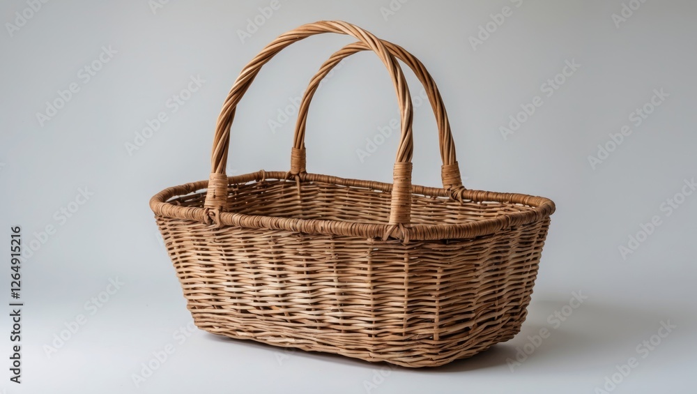 Aufkleber Woven wicker basket with two handles isolated on a plain background with copy space for text placement