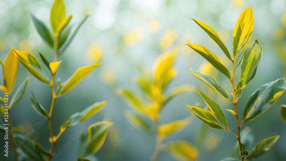 Poster close-up of green and yellow leaves on soft focus background with natural light and bokeh copy space