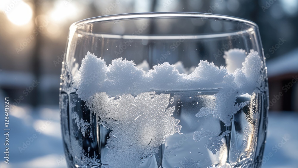 Poster frosted glass with snowflakes and water in winter setting with soft sunlight and blurred natural bac