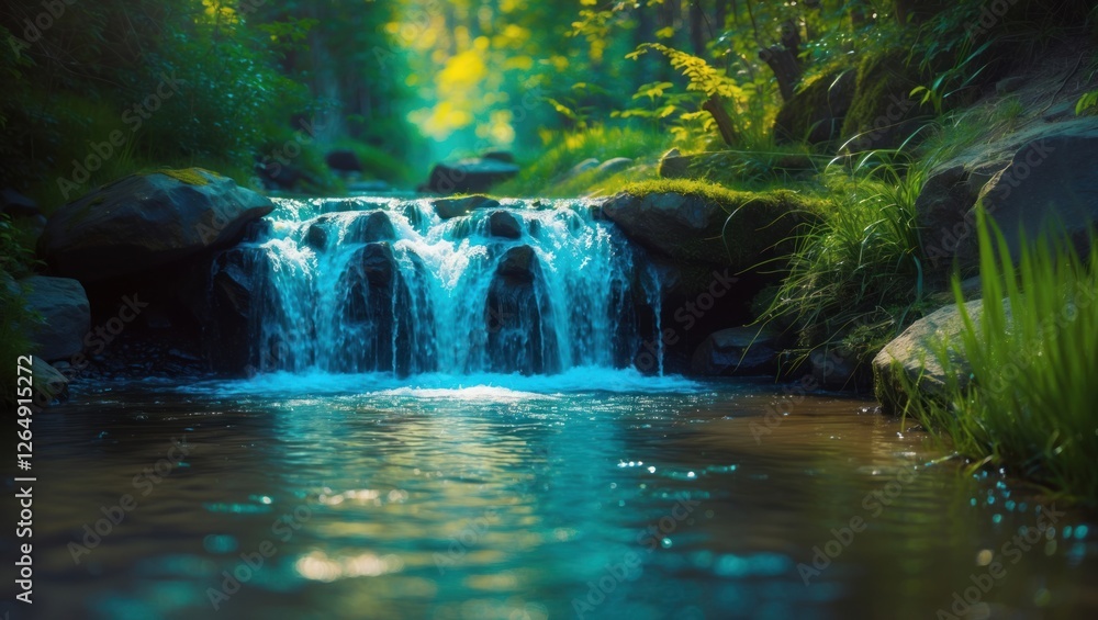 Poster small cascading waterfall in a serene forested setting with clear water and lush green foliage copy 