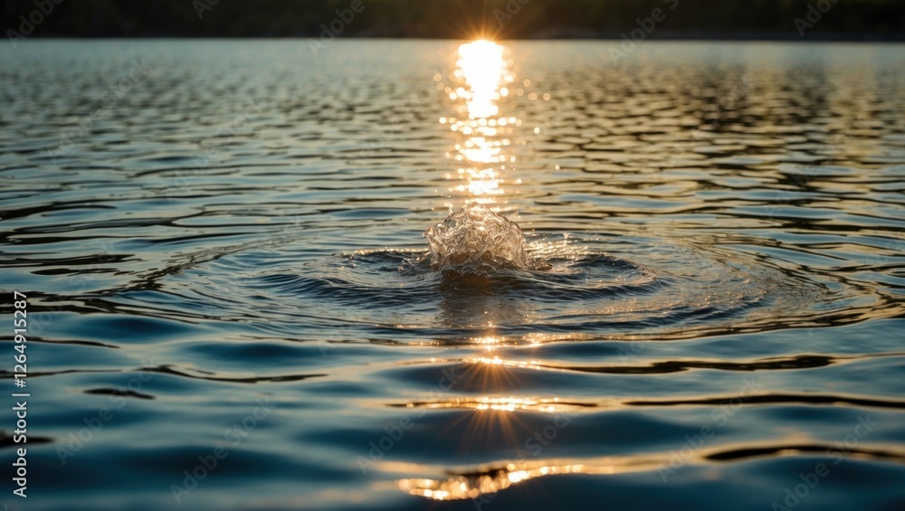Poster splash in water with sunlight reflection creating ripples on lake surface during sunset copy space