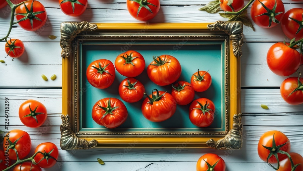 Poster Fresh red tomatoes arranged artistically in a golden frame on a blue background with additional tomatoes scattered around Copy Space