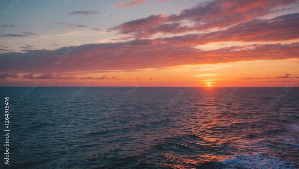 Poster sunset over calm ocean waters with colorful sky reflecting on the surface natural scenery copy space