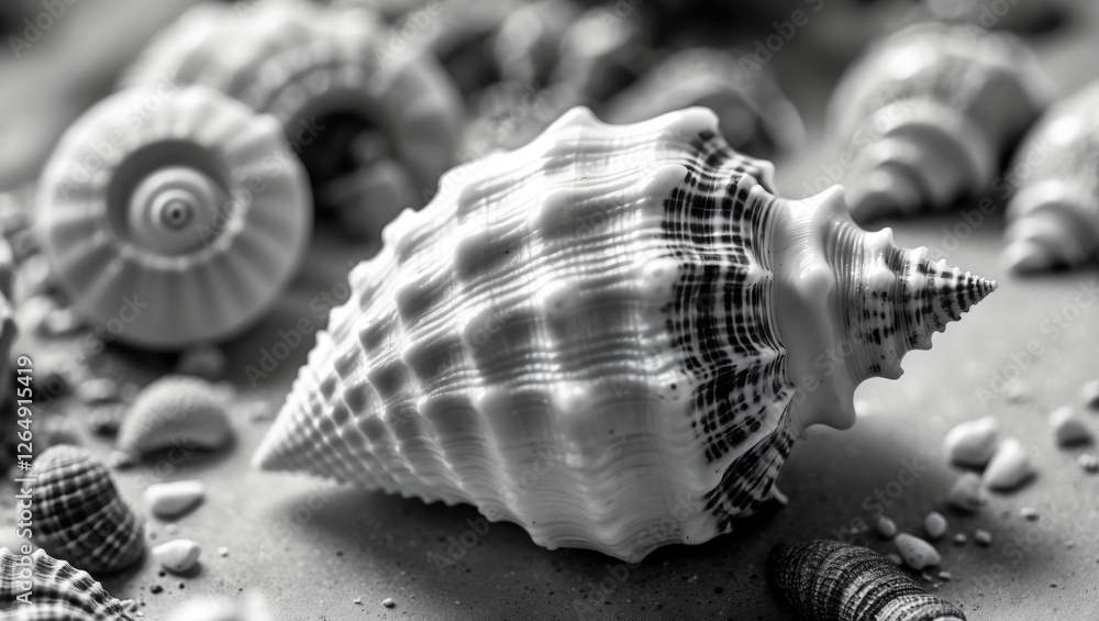 Poster Shells of various sizes and shapes arranged on a textured surface in black and white with focus on a prominent shell in the foreground Copy Space