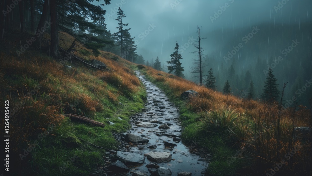 Aufkleber Misty forest path with rain and rocky terrain surrounded by trees and grass in a moody atmosphere Copy Space