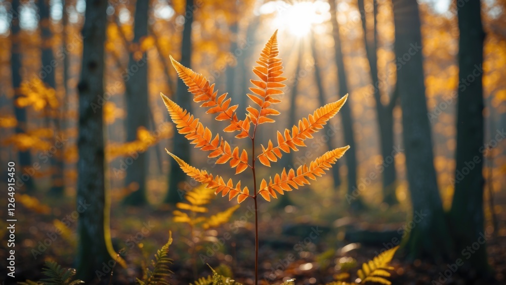 Poster close-up of vibrant orange fern leaves with sunlight filtering through a misty forest background cop