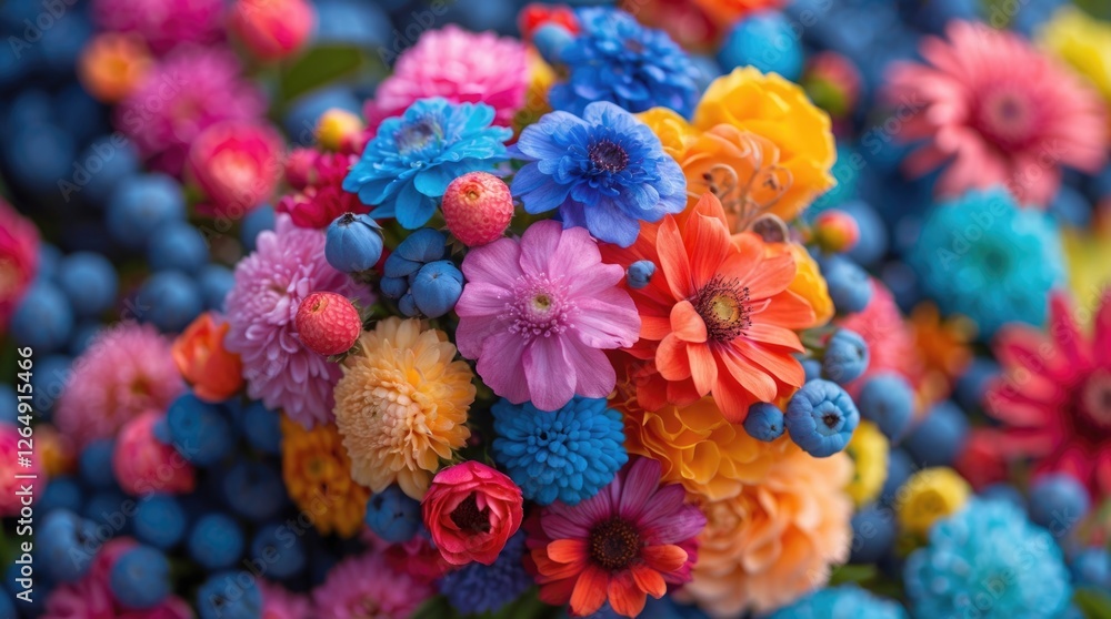Poster vibrant bouquet of colorful flowers and blueberries with blurred background and rich tones suitable 