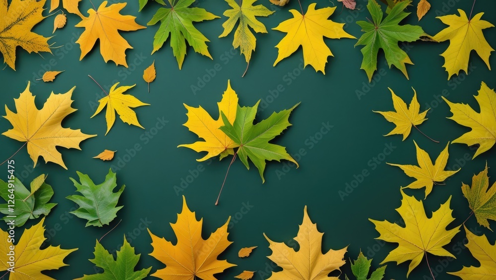 Poster colorful autumn leaves arranged on green background with copy space for text placement. various leaf