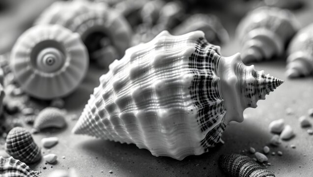Fototapeta Shells of various sizes and shapes arranged on a textured surface in black and white with focus on a prominent shell in the foreground Copy Space