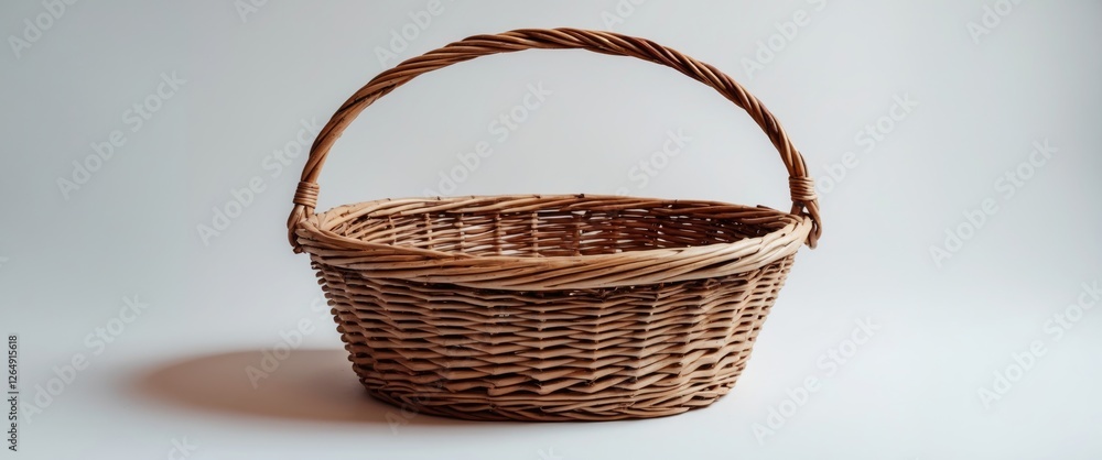 Poster woven wicker basket with a curved handle on a neutral background with copy space for text placement