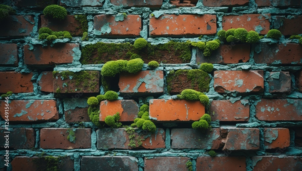 Poster moss covered bricks with greenery growing in between weathered red bricks urban background copy spac