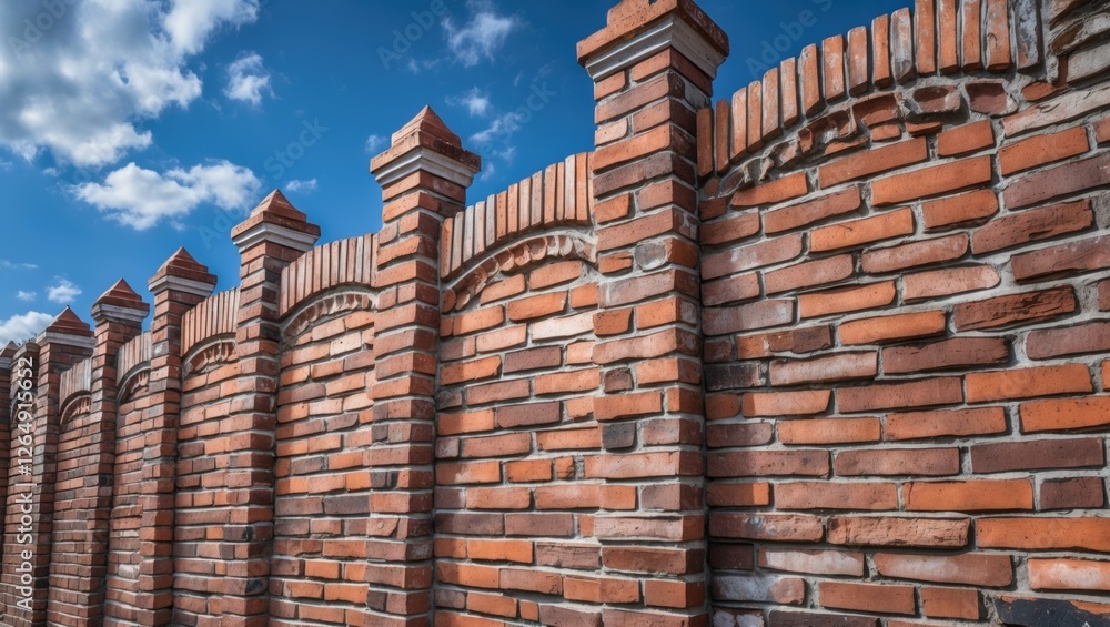 Aufkleber brick fence with decorative pillars against a blue sky and white clouds featuring copy space for tex