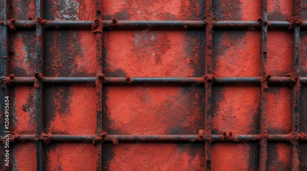 Poster Rusty metal mesh background with red paint and corroded texture suitable for industrial or abstract design applications Copy Space