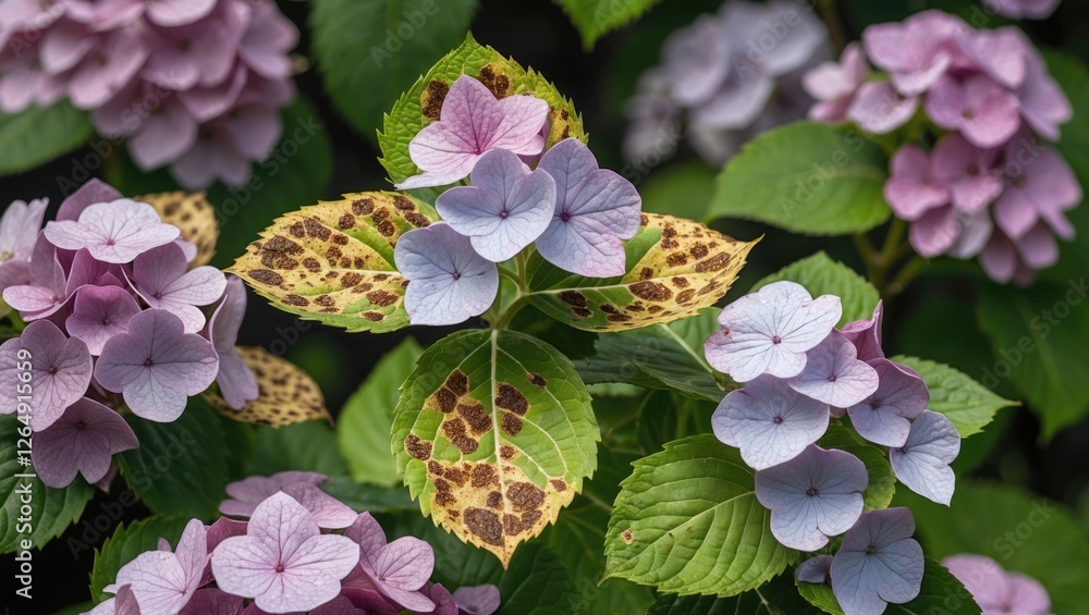 Poster hydrangea flowers with pink and blue petals surrounded by green leaves displaying unique patterns an